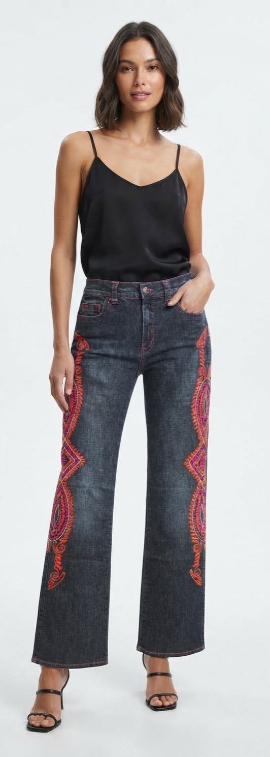 Jeans denim a zampa con ricami etnici Angelo Marani